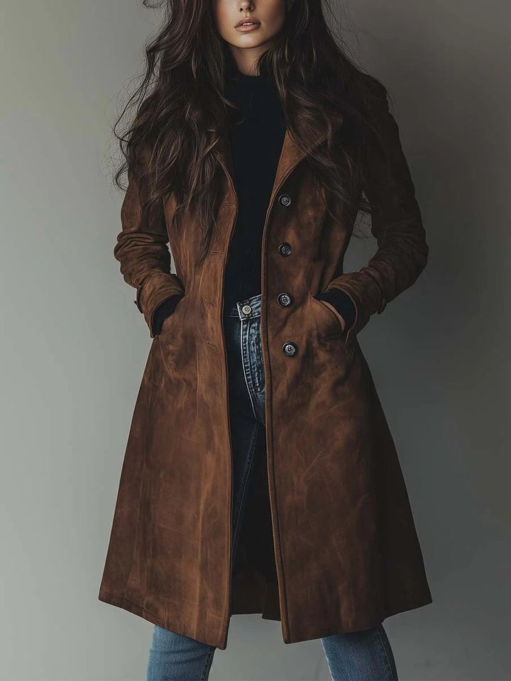 Dame Dobbeltknappet Longline Trench Coat Klassisk Skræddersyet Frakke - Brun