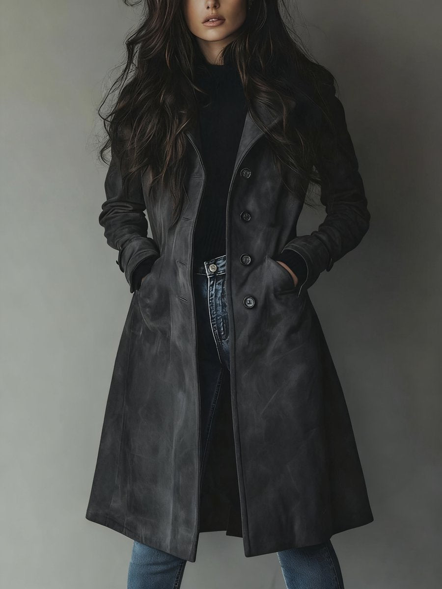 Dame Dobbeltknappet Longline Trench Coat Klassisk Skræddersyet Frakke - Mørkegrå