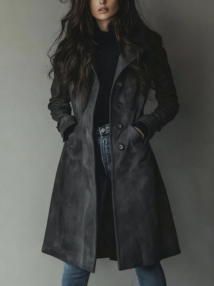 Dame Dobbeltknappet Longline Trench Coat Klassisk Skræddersyet Frakke - Mørkegrå