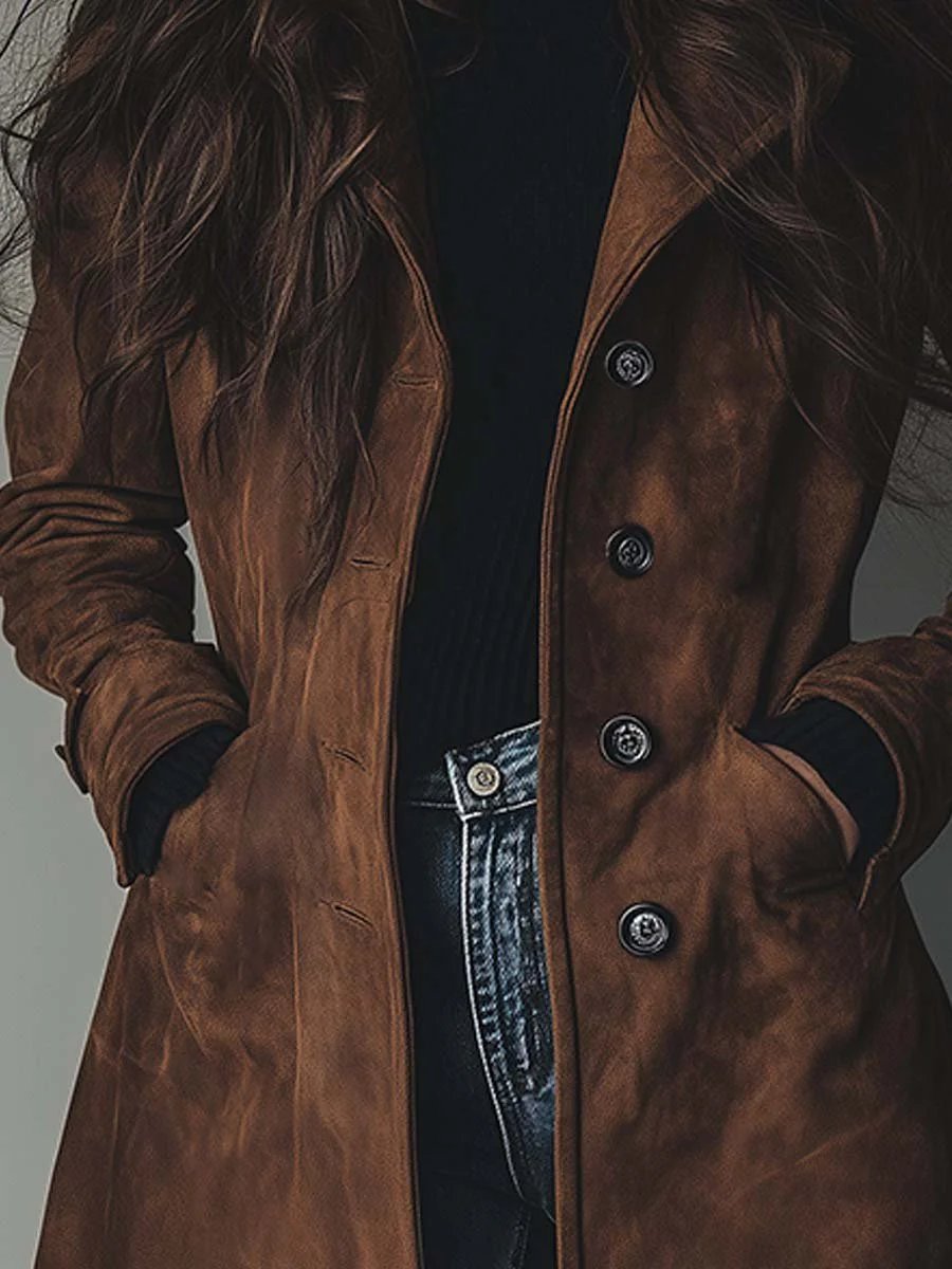 Dame Dobbeltknappet Longline Trench Coat Klassisk Skræddersyet Frakke