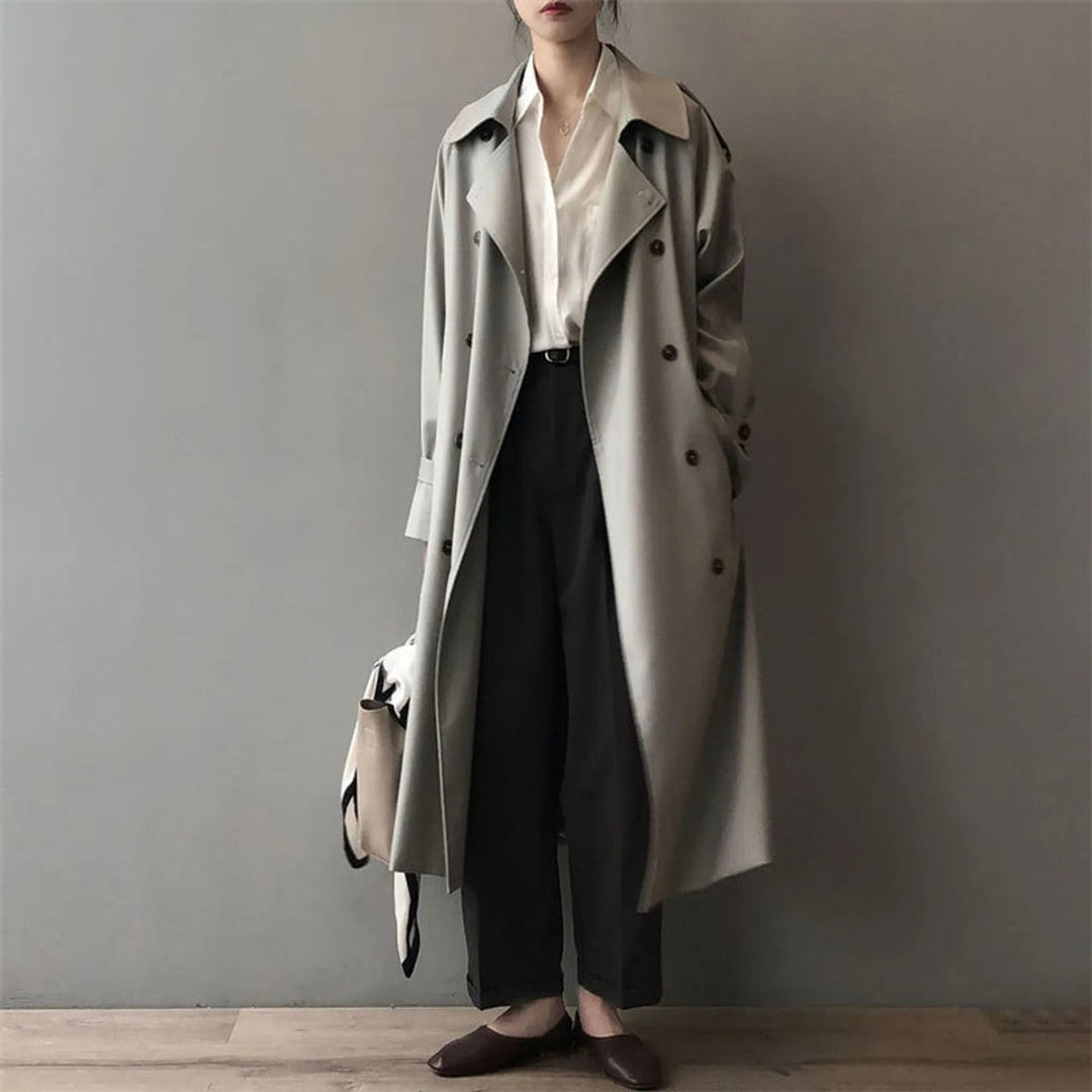 Dame Dobbeltknappet Vandafvisende Longline Trench Coat - Grå