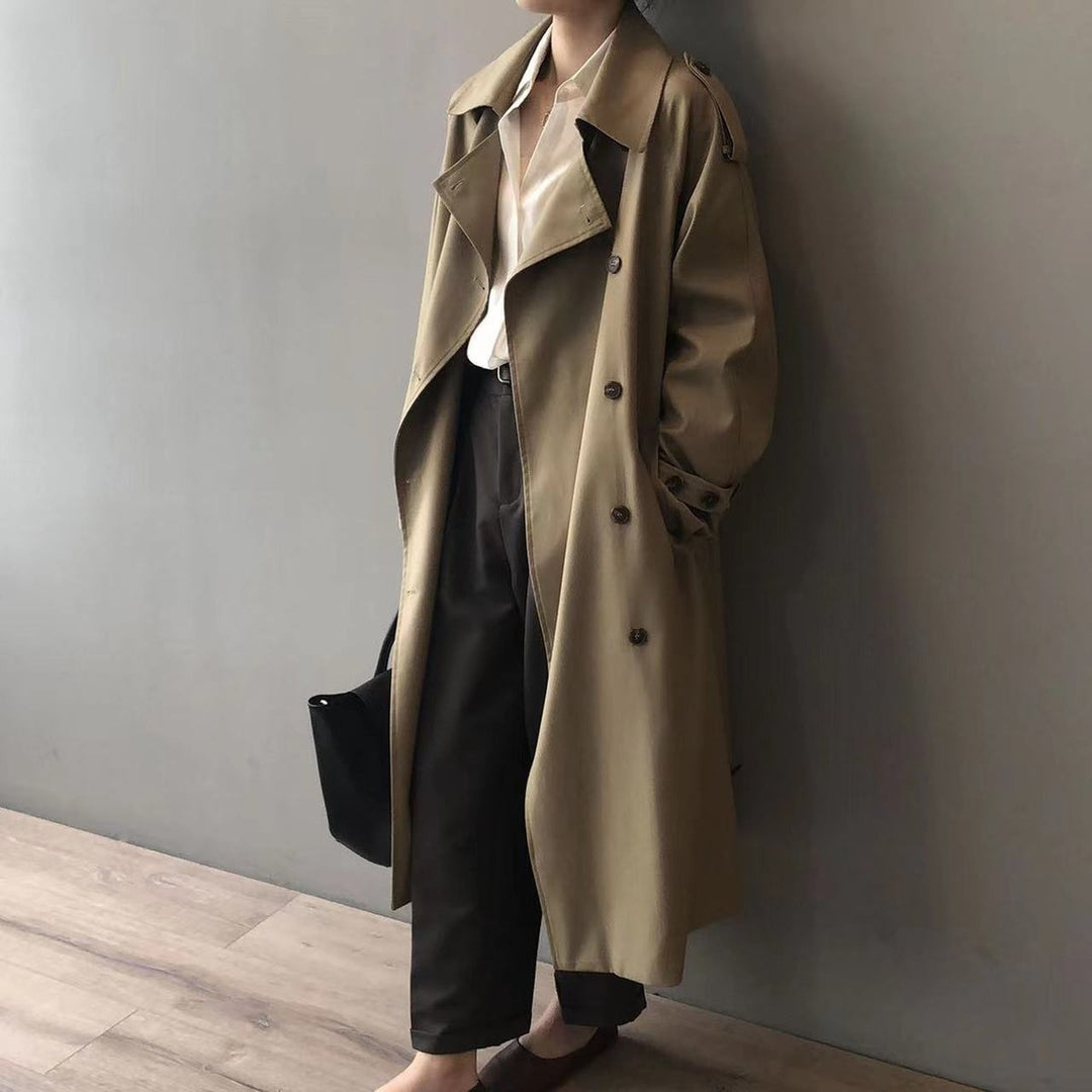 Dame Dobbeltknappet Vandafvisende Longline Trench Coat - Khaki