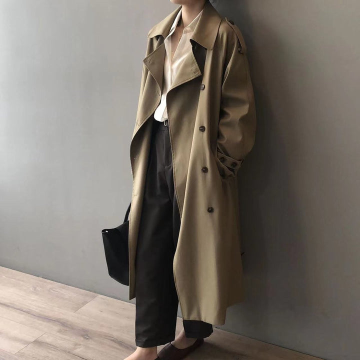 Dame Dobbeltknappet Vandafvisende Longline Trench Coat - Khaki