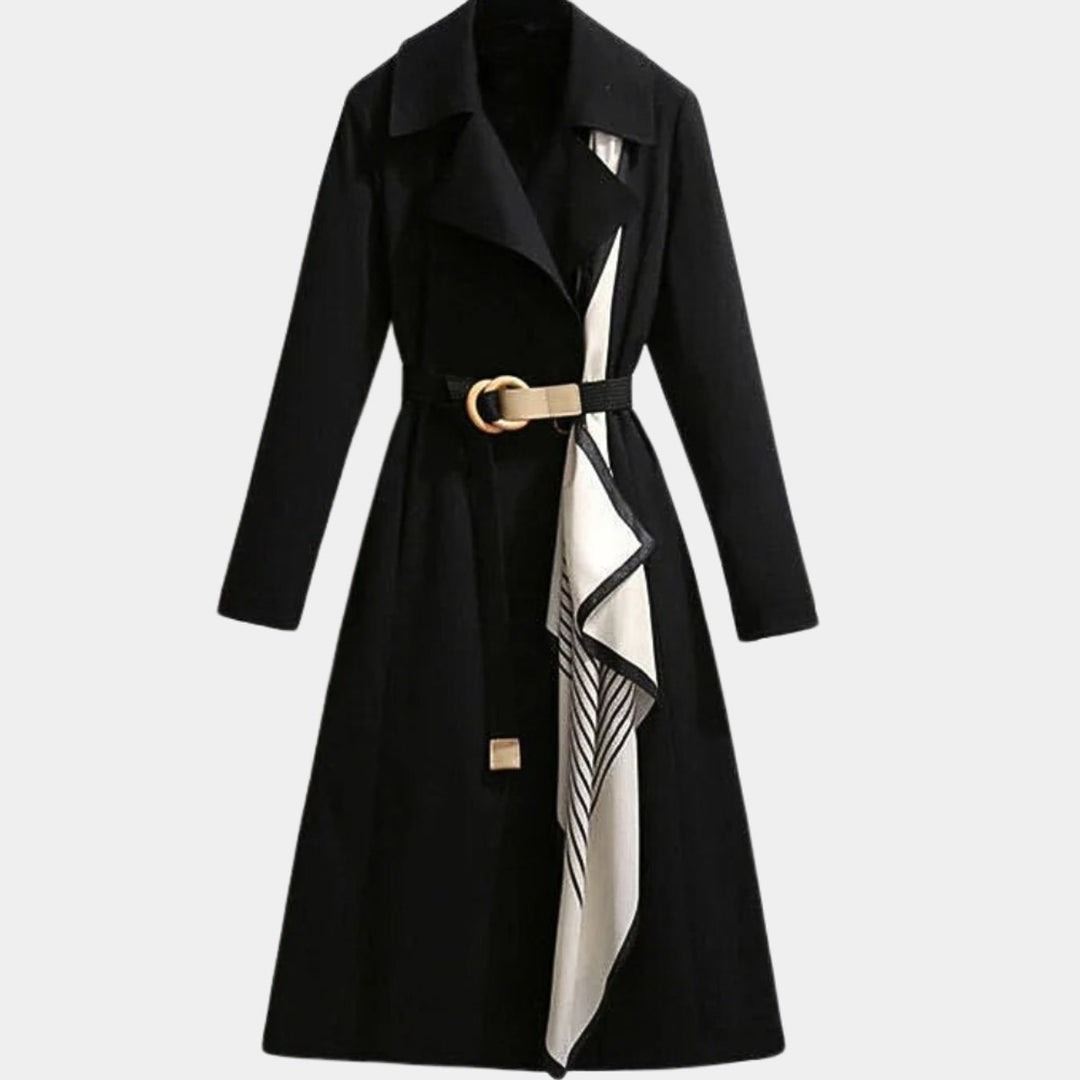 Dame Elegant Bæltet Trench Coat Klassisk Snit Hverdagsfrakke - Sort