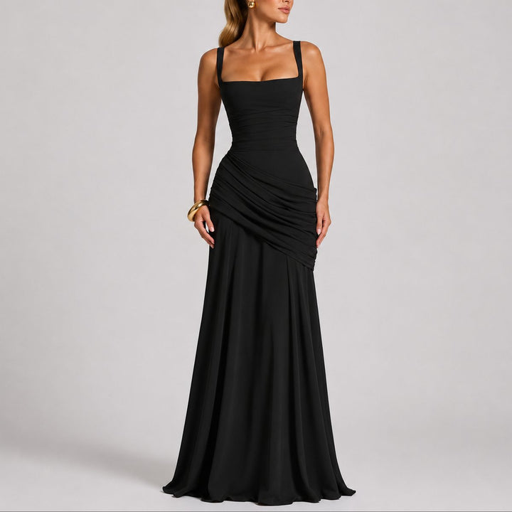 Dame Elegant Maxi Gallakjole Ruched Firkantet Halsudskæring Bryllupsgæst - Sort