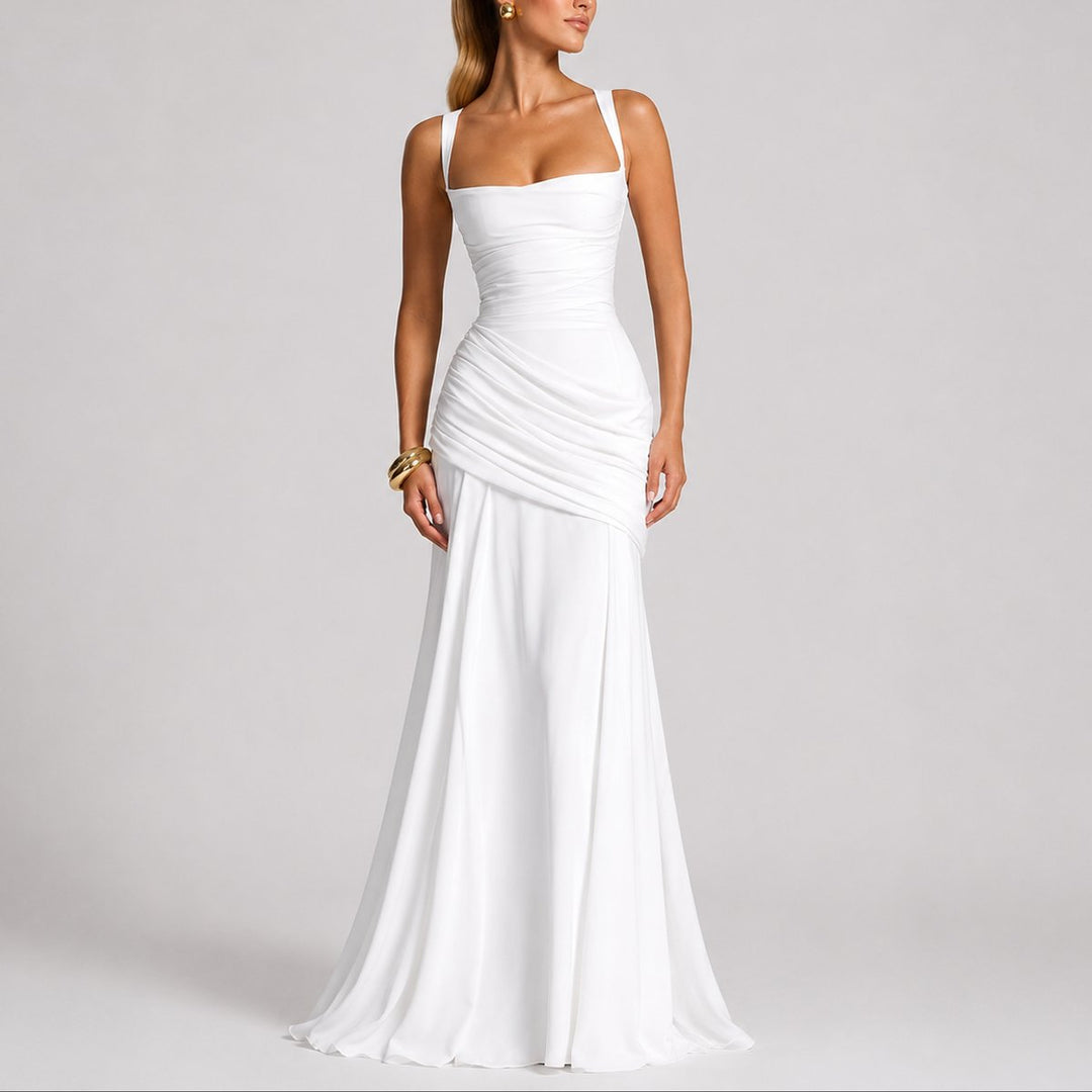Dame Elegant Maxi Gallakjole Ruched Firkantet Halsudskæring Bryllupsgæst - Hvid