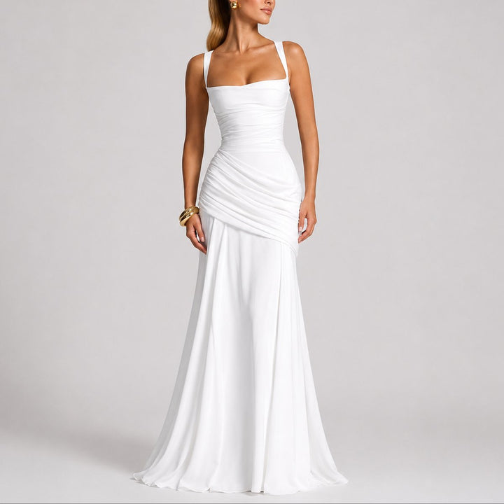 Dame Elegant Maxi Gallakjole Ruched Firkantet Halsudskæring Bryllupsgæst - Hvid