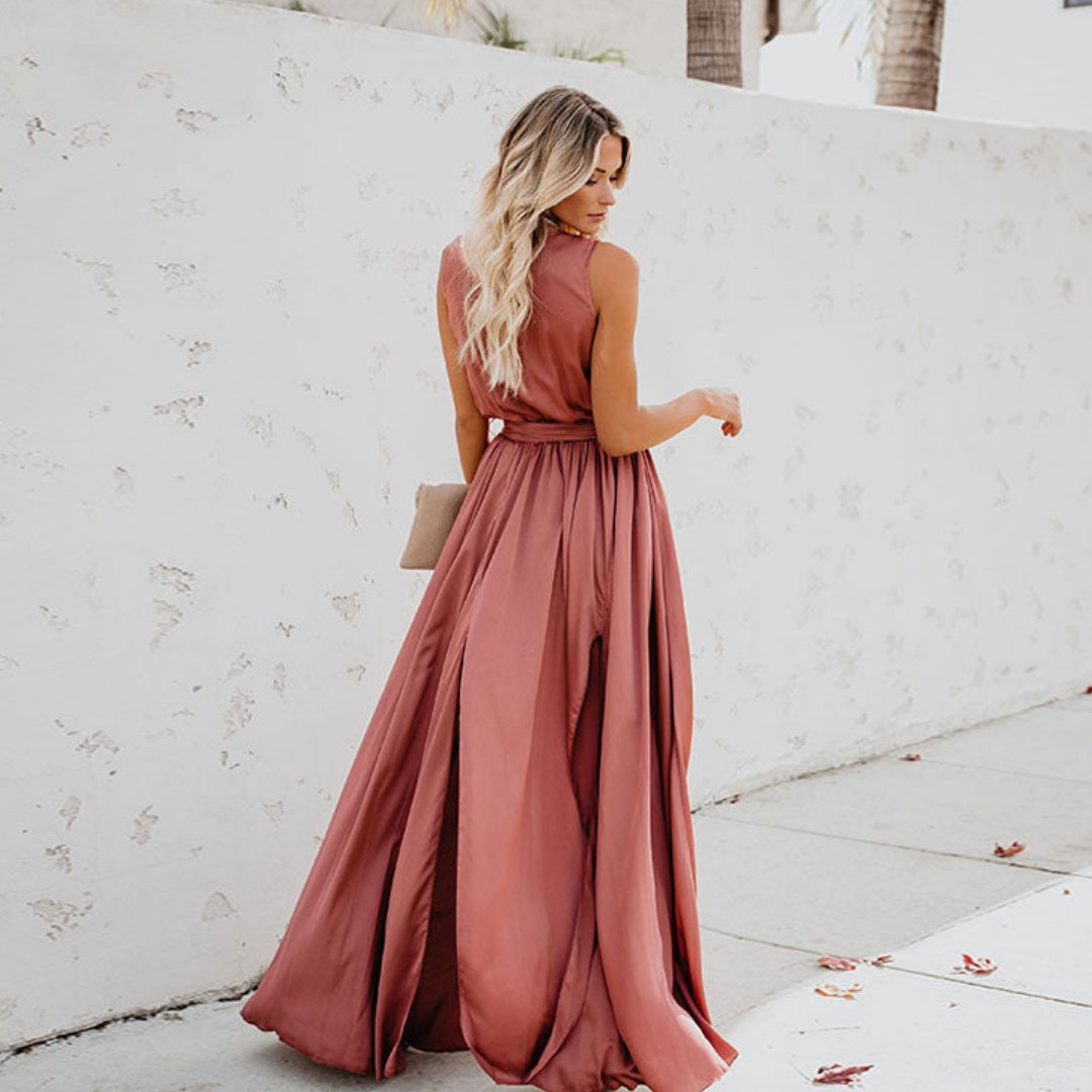Dame Elegant Maxi Kjole med Bælte og Sideslids