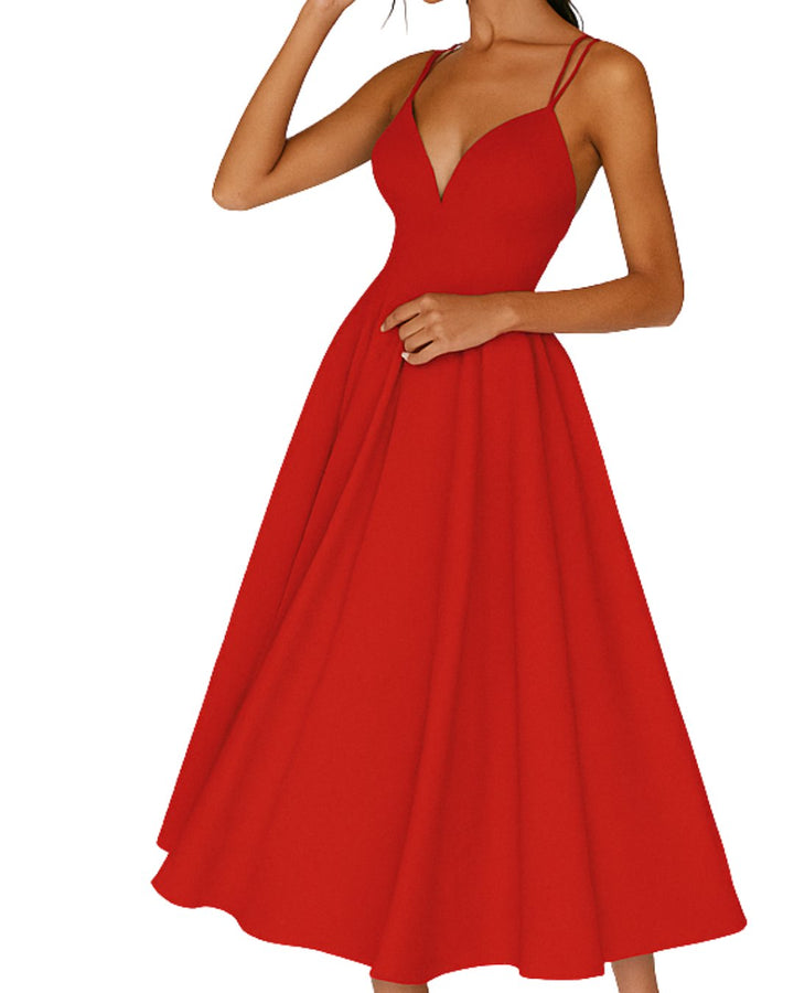 Dame Elegant Midi Kjole Spagettibånd Bryllupsgæst - Rood