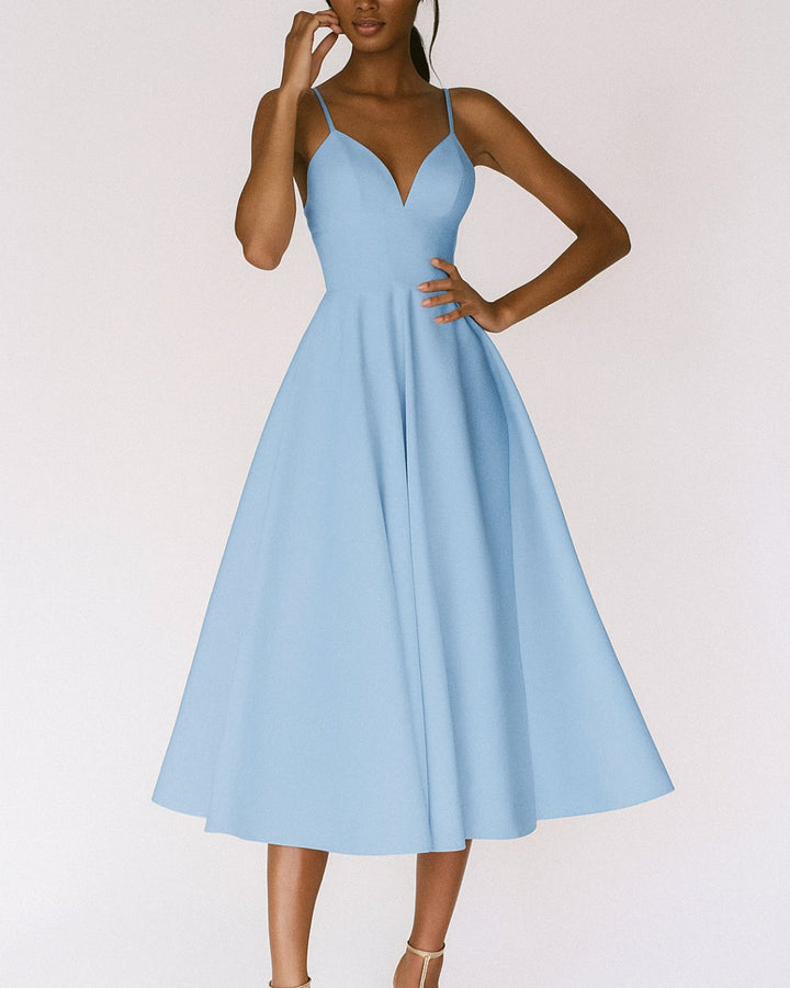 Dame Elegant Midi Kjole Spagettibånd Bryllupsgæst - Blauw
