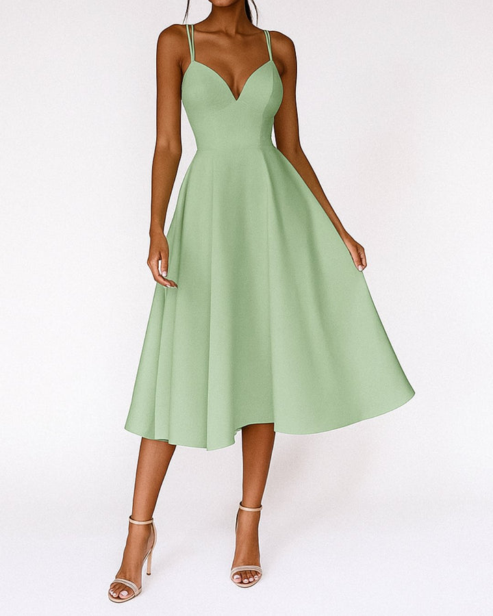 Dame Elegant Midi Kjole Spagettibånd Bryllupsgæst - Groen