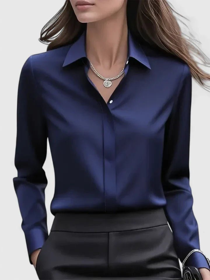Dame Elegant Satinbluse Skjult Knappelukning Langeærmet - Navy Blue
