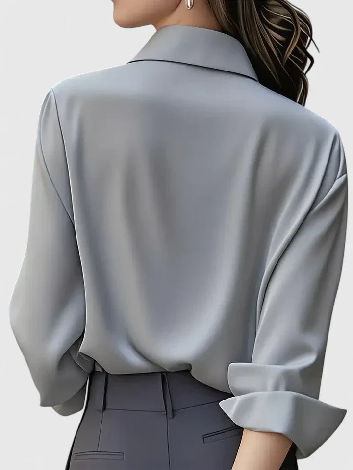 Dame Elegant Satinbluse Skjult Knappelukning Langeærmet