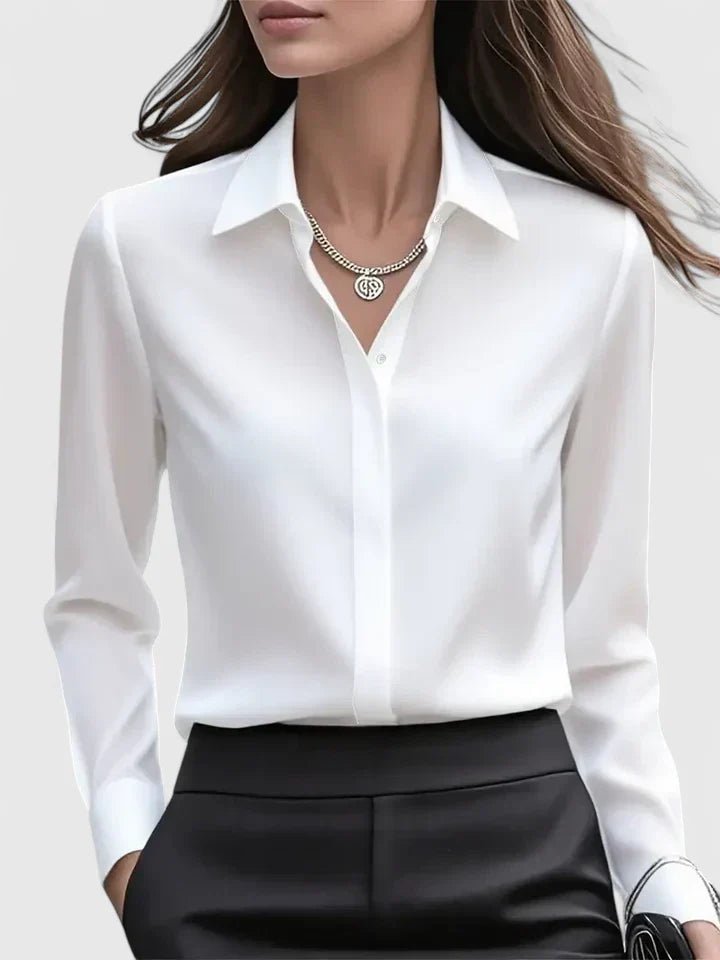 Dame Elegant Satinbluse Skjult Knappelukning Langeærmet - White