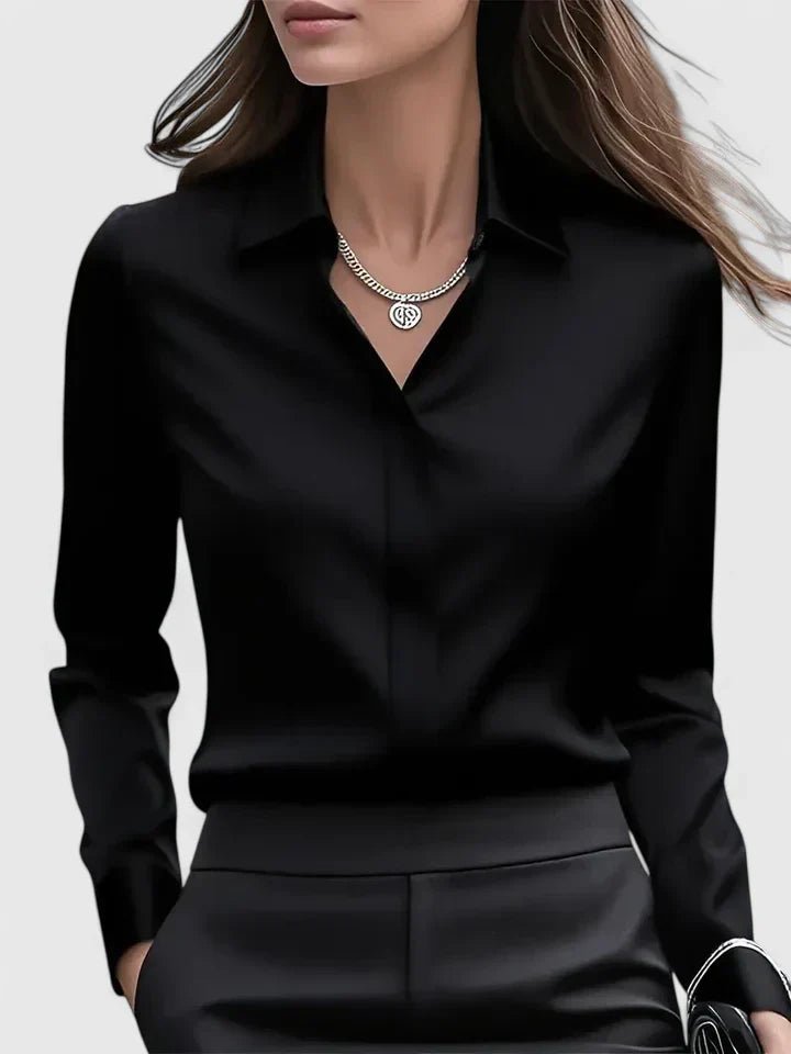 Dame Elegant Satinbluse Skjult Knappelukning Langeærmet - Black