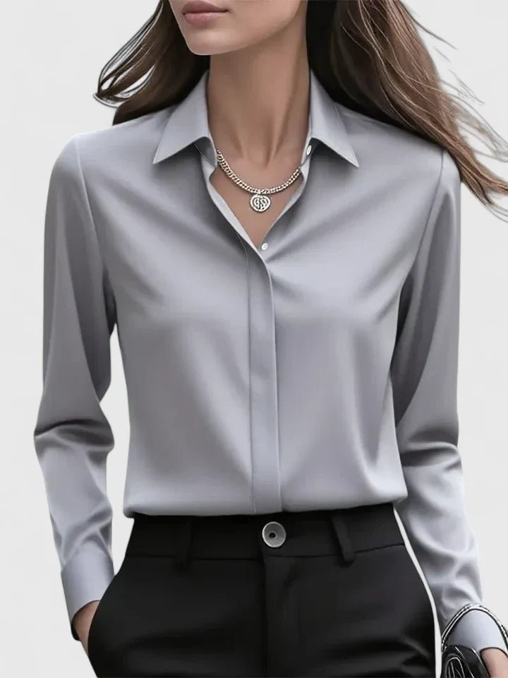 Dame Elegant Satinbluse Skjult Knappelukning Langeærmet - Gray