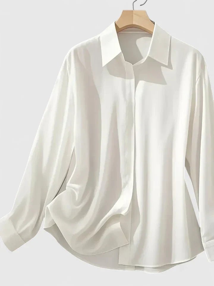 Dame Elegant Satinbluse Skjult Knappelukning Langeærmet