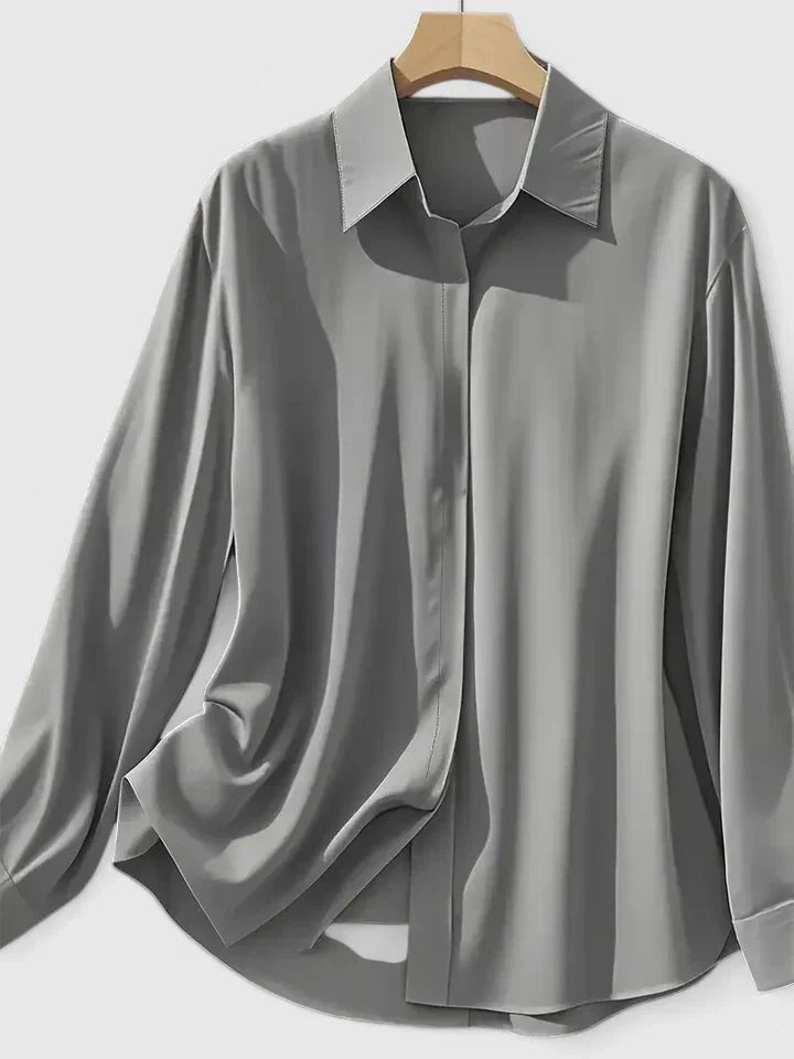 Dame Elegant Satinbluse Skjult Knappelukning Langeærmet