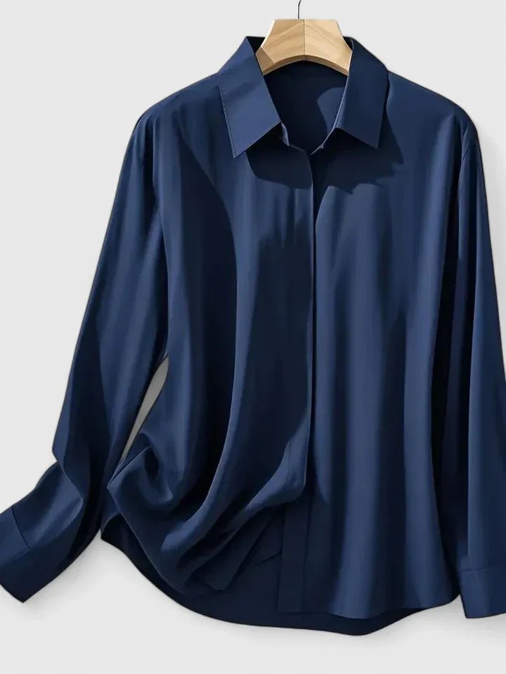 Dame Elegant Satinbluse Skjult Knappelukning Langeærmet