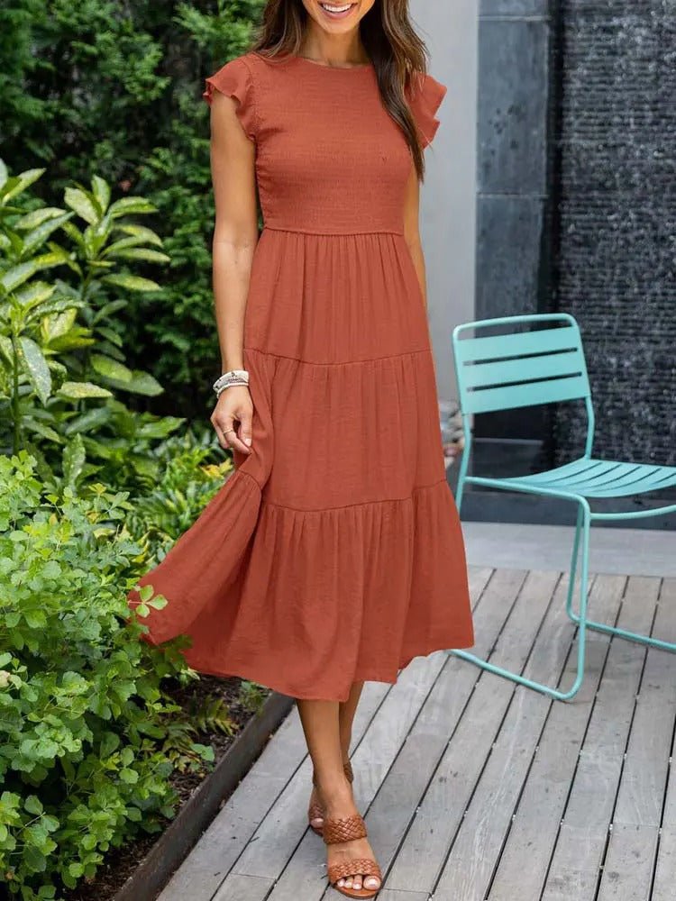Dame Elegant Terrakotta Midi Kjole med Flæse Ærmer - Orange