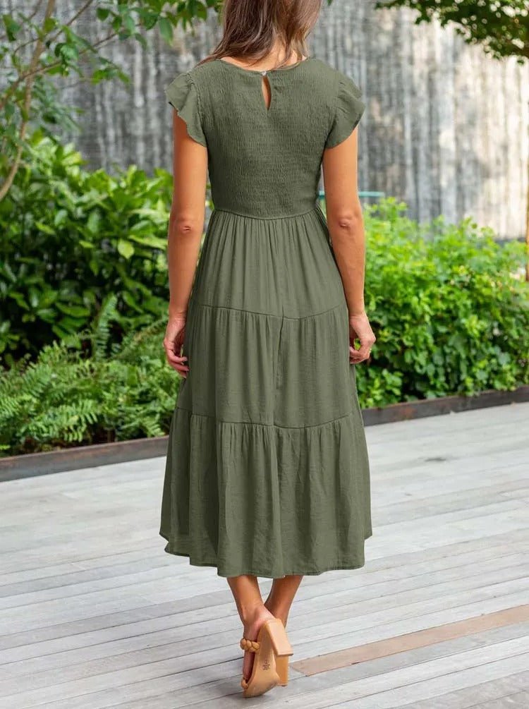 Dame Elegant Terrakotta Midi Kjole med Flæse Ærmer
