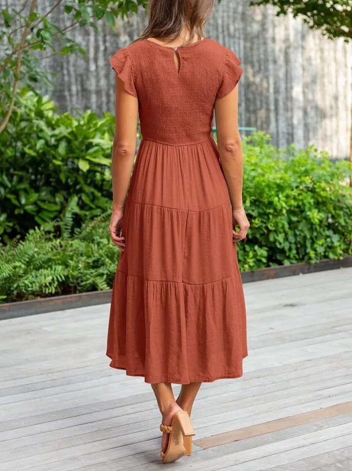 Dame Elegant Terrakotta Midi Kjole med Flæse Ærmer
