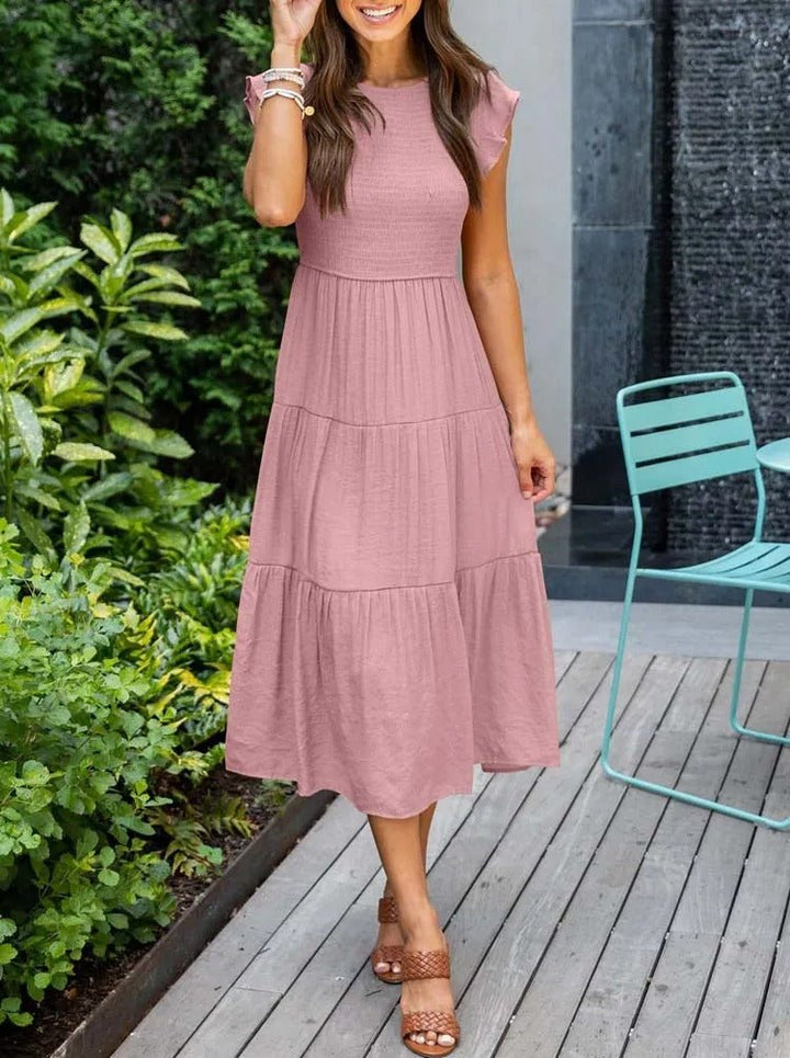 Dame Elegant Terrakotta Midi Kjole med Flæse Ærmer