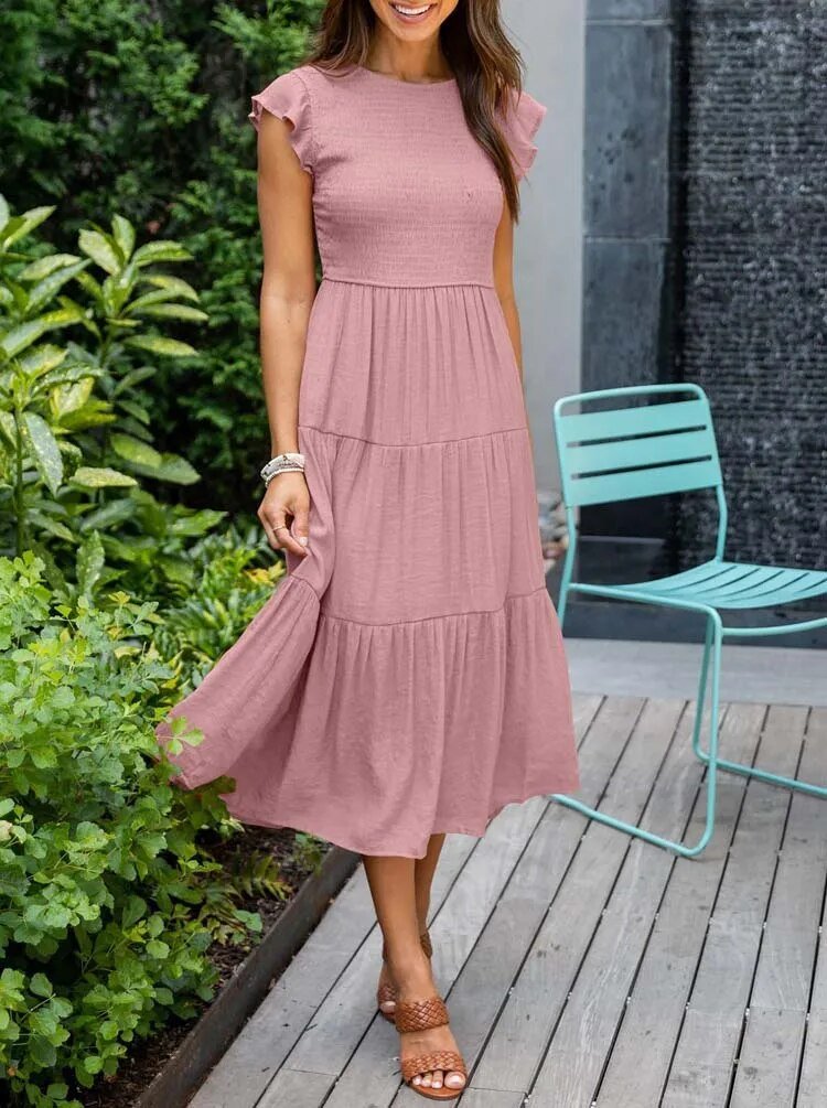 Dame Elegant Terrakotta Midi Kjole med Flæse Ærmer - Pink