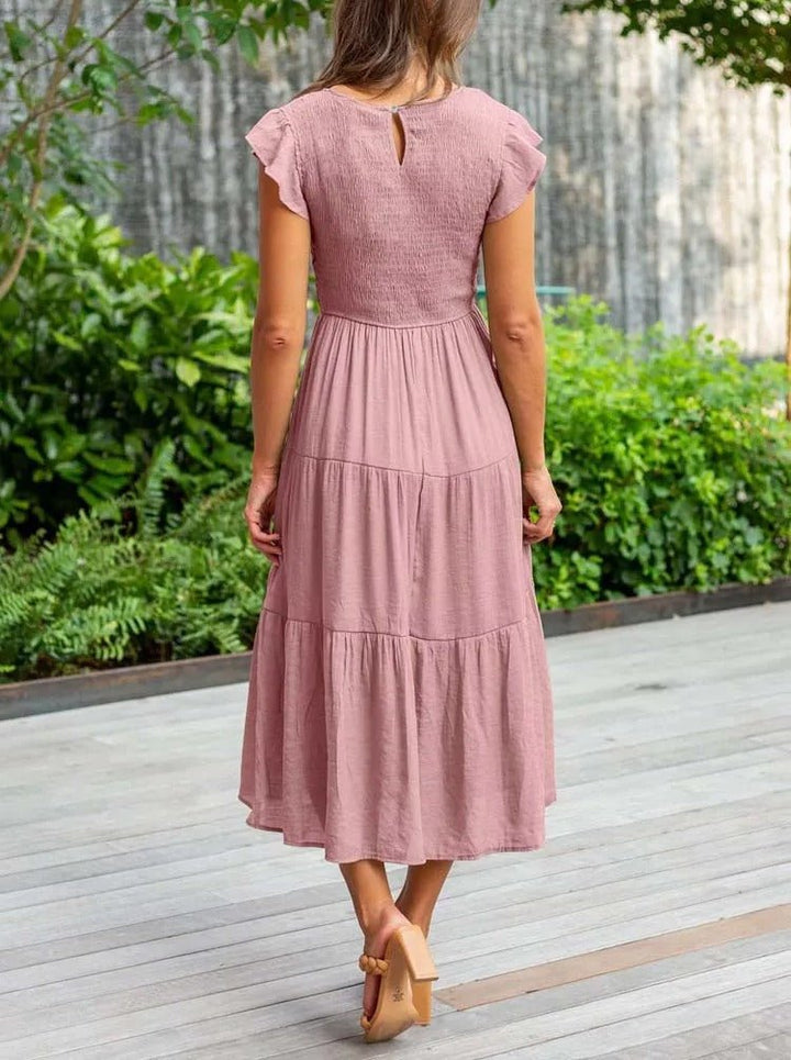 Dame Elegant Terrakotta Midi Kjole med Flæse Ærmer