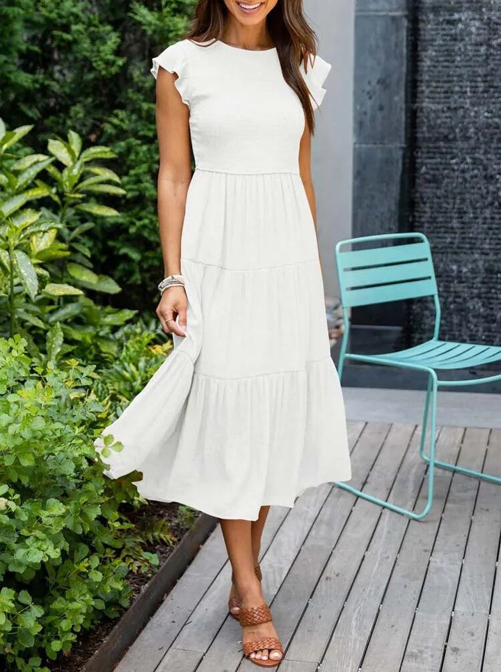 Dame Elegant Terrakotta Midi Kjole med Flæse Ærmer - White