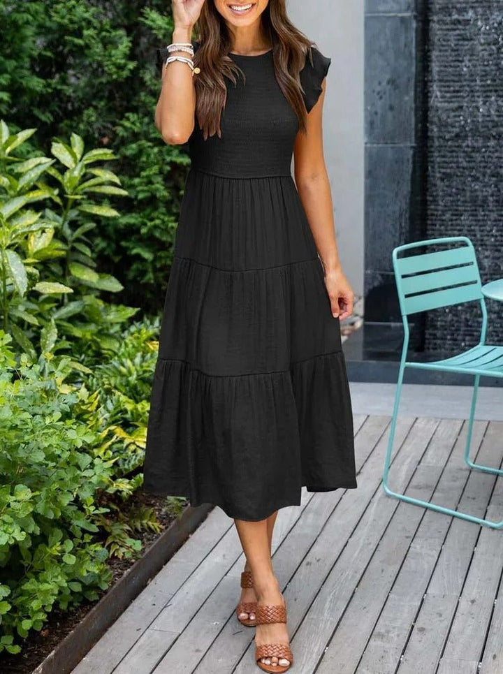 Dame Elegant Terrakotta Midi Kjole med Flæse Ærmer - Black