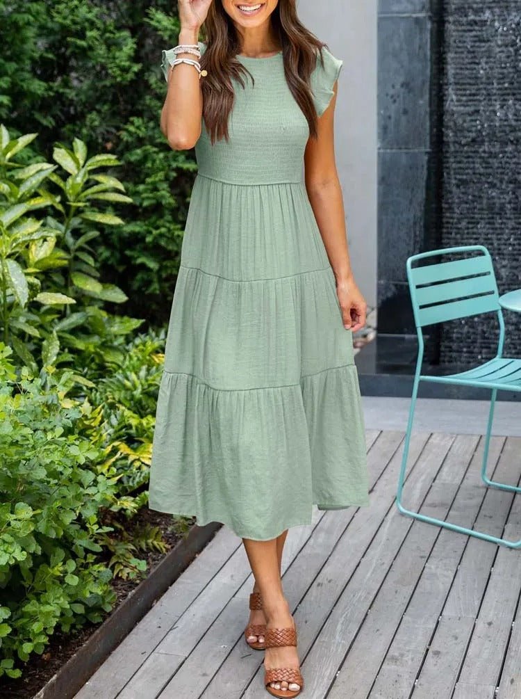 Dame Elegant Terrakotta Midi Kjole med Flæse Ærmer - Light green