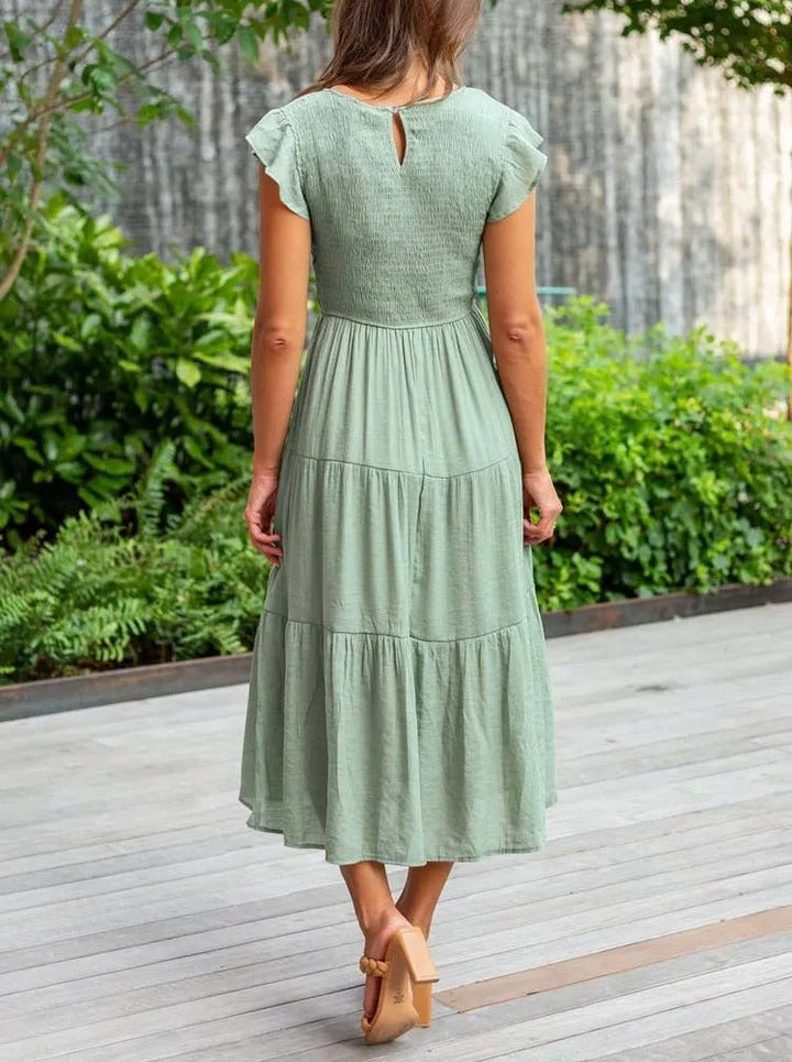 Dame Elegant Terrakotta Midi Kjole med Flæse Ærmer