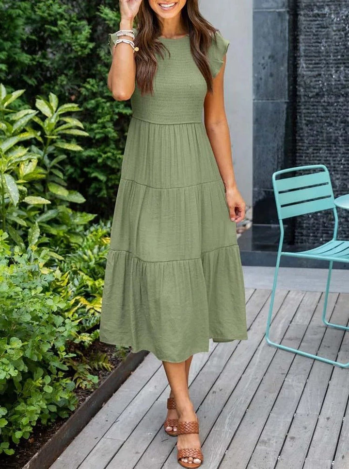 Dame Elegant Terrakotta Midi Kjole med Flæse Ærmer - Dark green