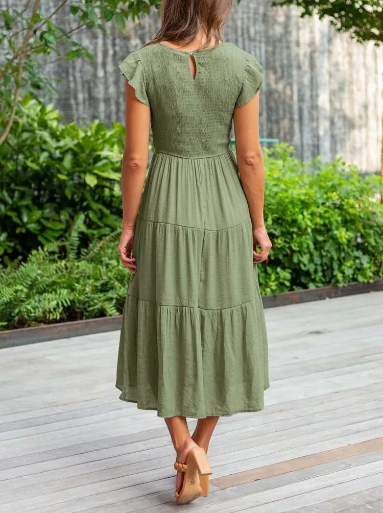 Dame Elegant Terrakotta Midi Kjole med Flæse Ærmer