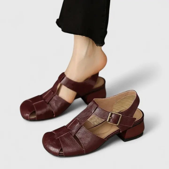 Dame Elegante Læder Blok-Hæl Sandaler - Brown