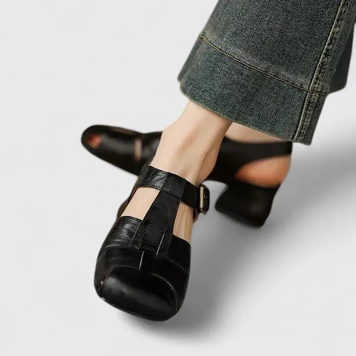 Dame Elegante Læder Blok-Hæl Sandaler - Black