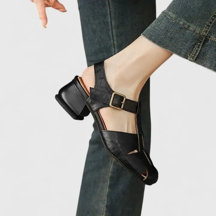 Dame Elegante Læder Blok-Hæl Sandaler