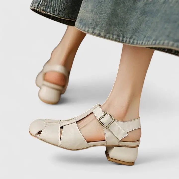 Dame Elegante Læder Blok-Hæl Sandaler - Beige