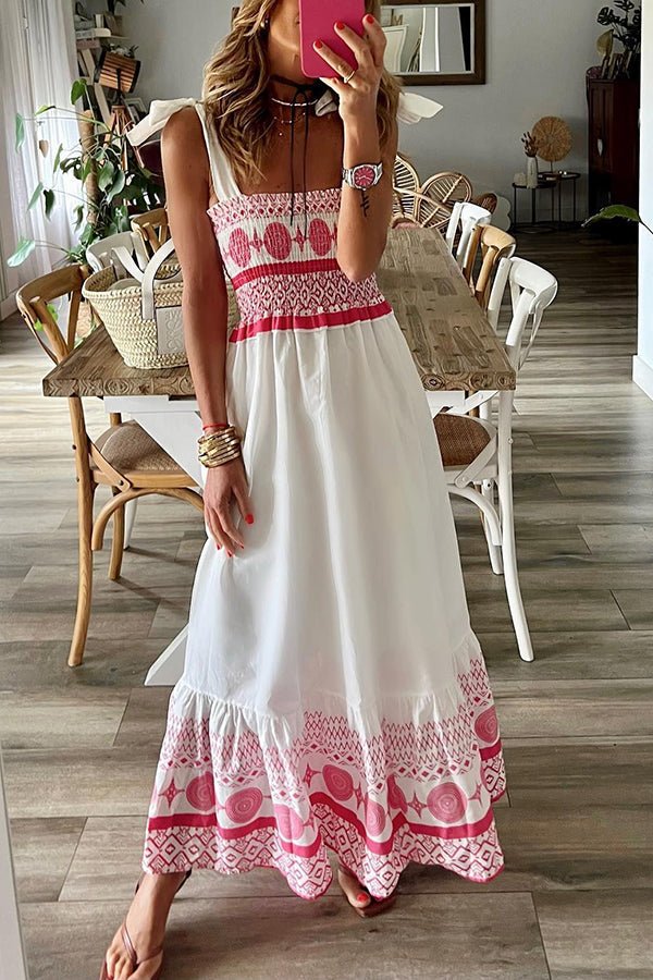 Dame Firkantet Hals Snøre Maxi Kjole Hvid Pink Mønster