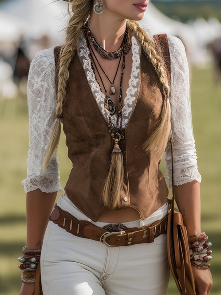 Dame Fitted Western Bluse Blondeermer Dyb V-udskæring Trykknapper - Brown
