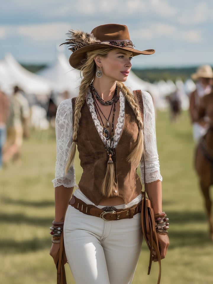 Dame Fitted Western Bluse Blondeermer Dyb V-udskæring Trykknapper
