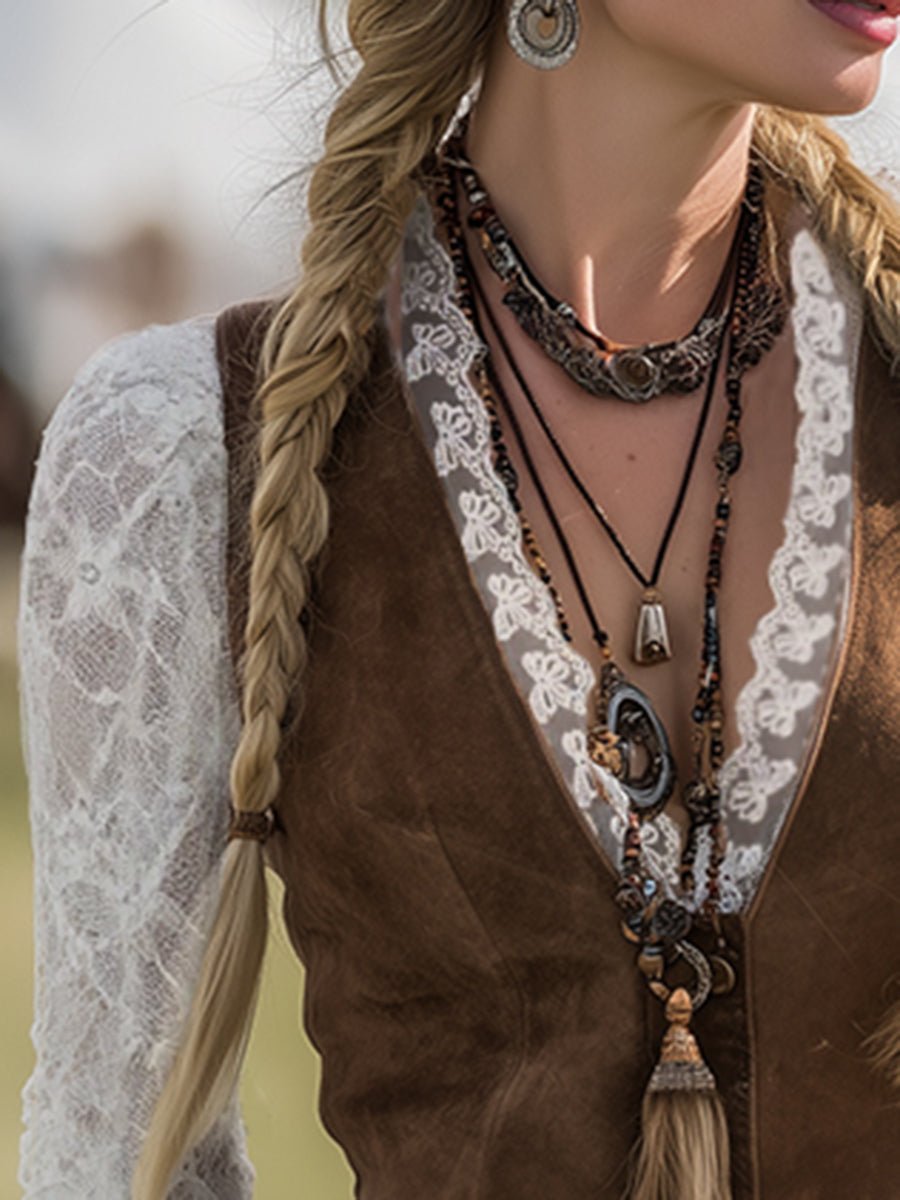 Dame Fitted Western Bluse Blondeermer Dyb V-udskæring Trykknapper
