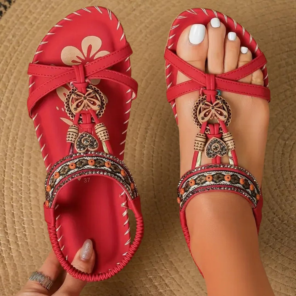 Dame Flade Boheme T-Rem Sandaler Perledetaljer Elastisk Hælrem - Red