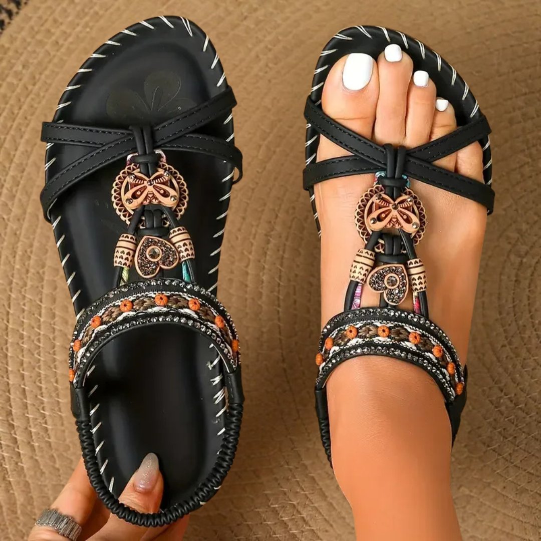 Dame Flade Boheme T-Rem Sandaler Perledetaljer Elastisk Hælrem - Black