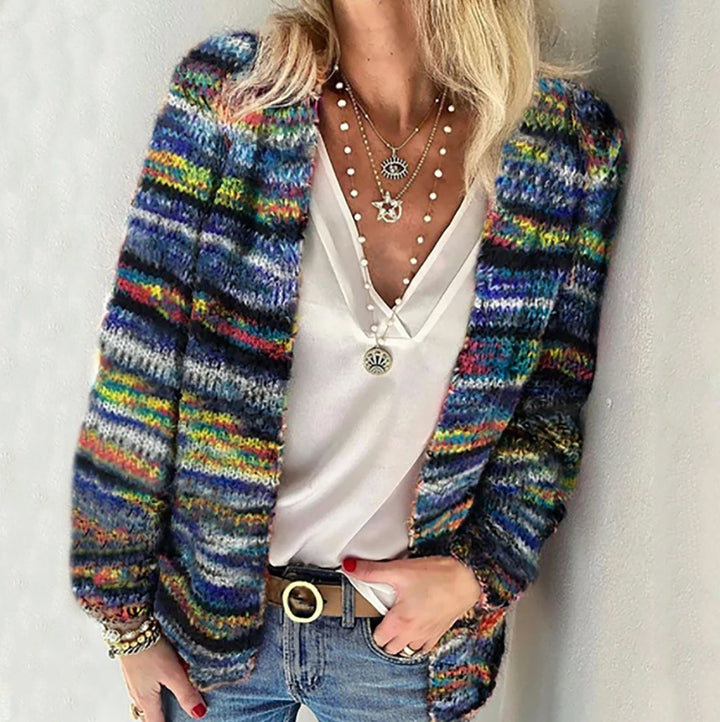 Dame Flerfarvet Strikkede Cardigan - Blue
