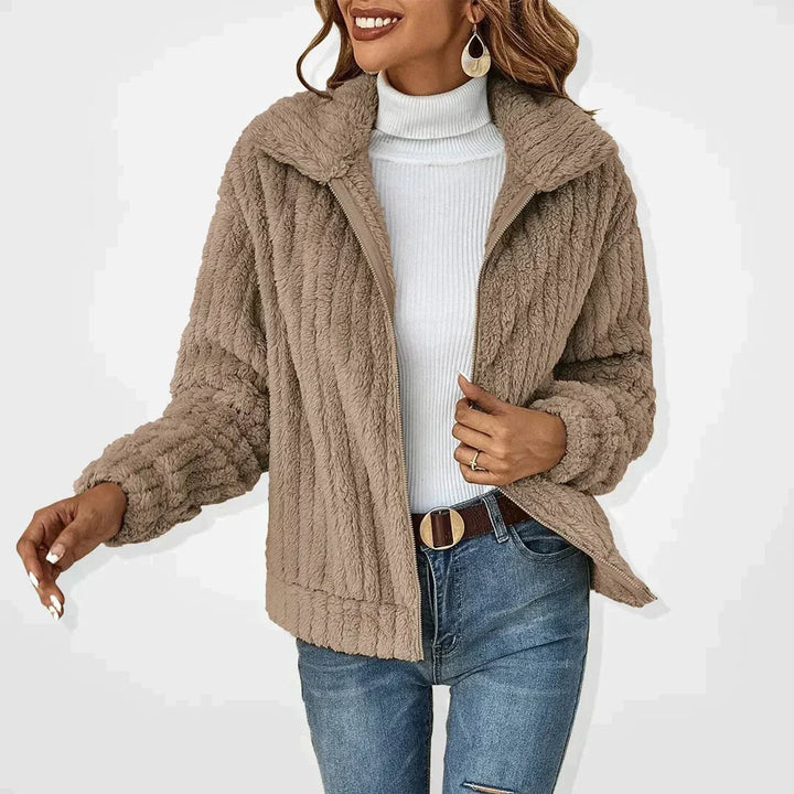 Dame Fluffy Cardigan med Lynlås Blødt Fleece Overtøj - Khaki