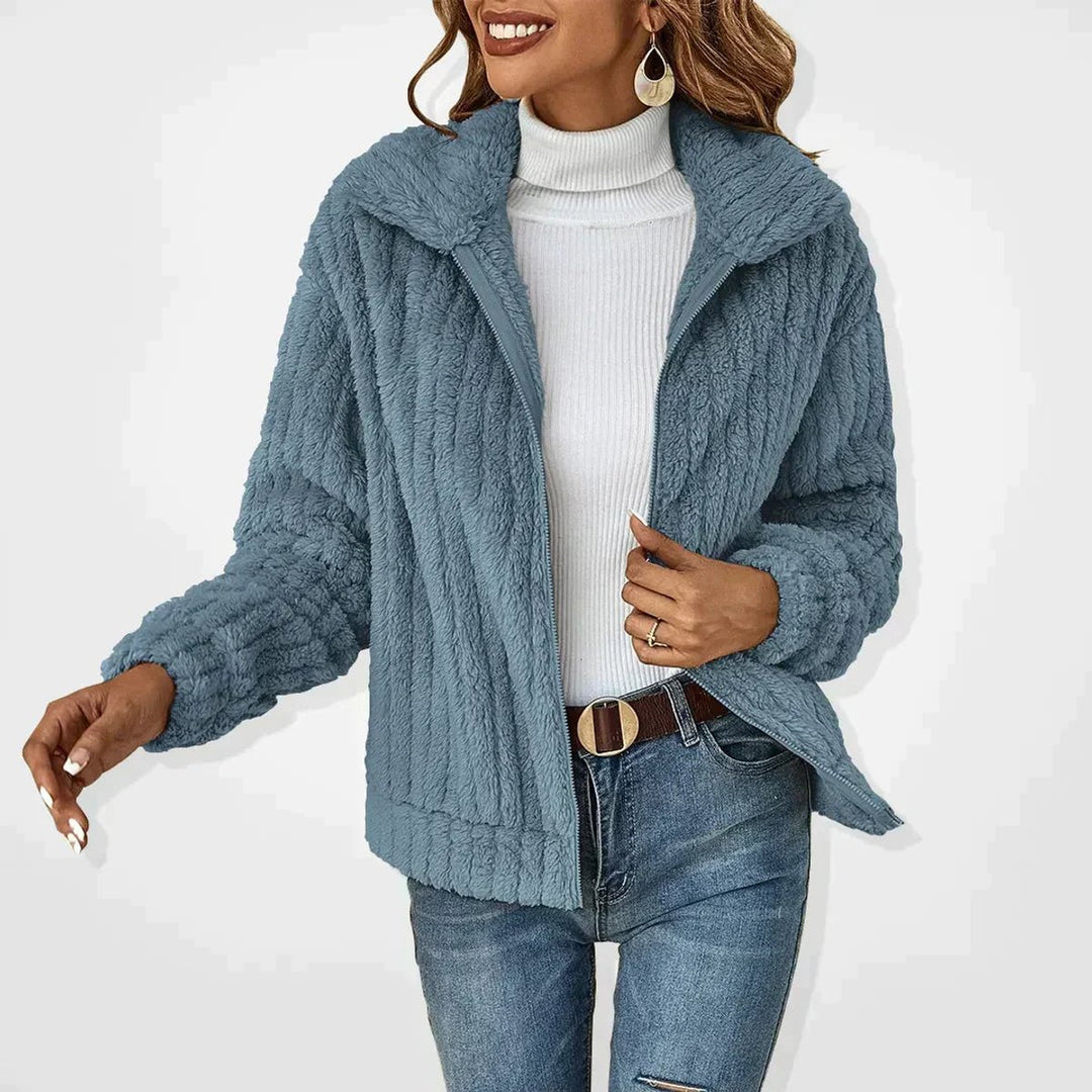 Dame Fluffy Cardigan med Lynlås Blødt Fleece Overtøj - Blå