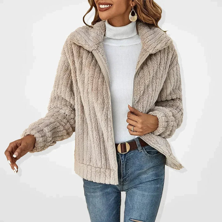 Dame Fluffy Cardigan med Lynlås Blødt Fleece Overtøj - Beige
