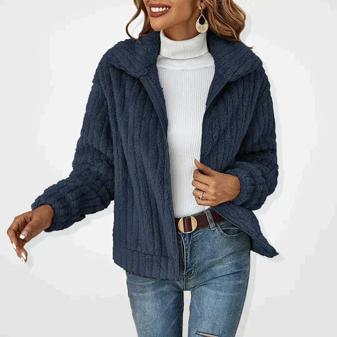 Dame Fluffy Cardigan med Lynlås Blødt Fleece Overtøj - Marineblå